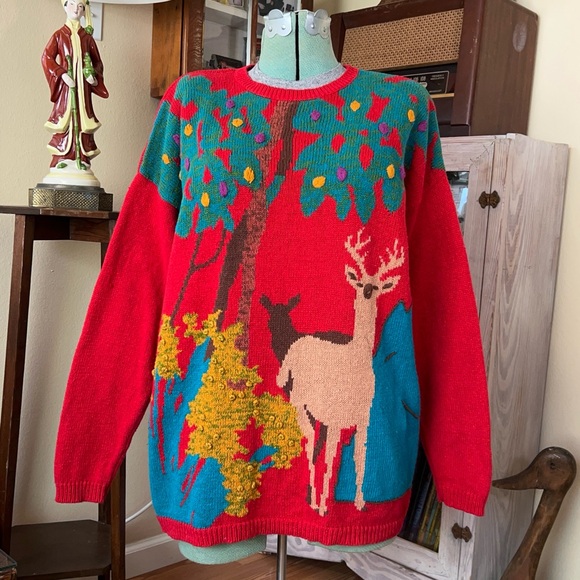 Vintage 90s Funky Nature Deer Colorful Textured Woodland Oversized Knit Sweater - Picture 10 of 10
